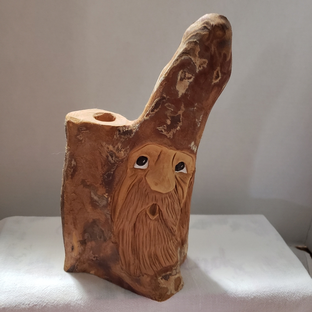 Beautiful Hand Carved Knobbit with Candle or Incense Holder Signed and Dated